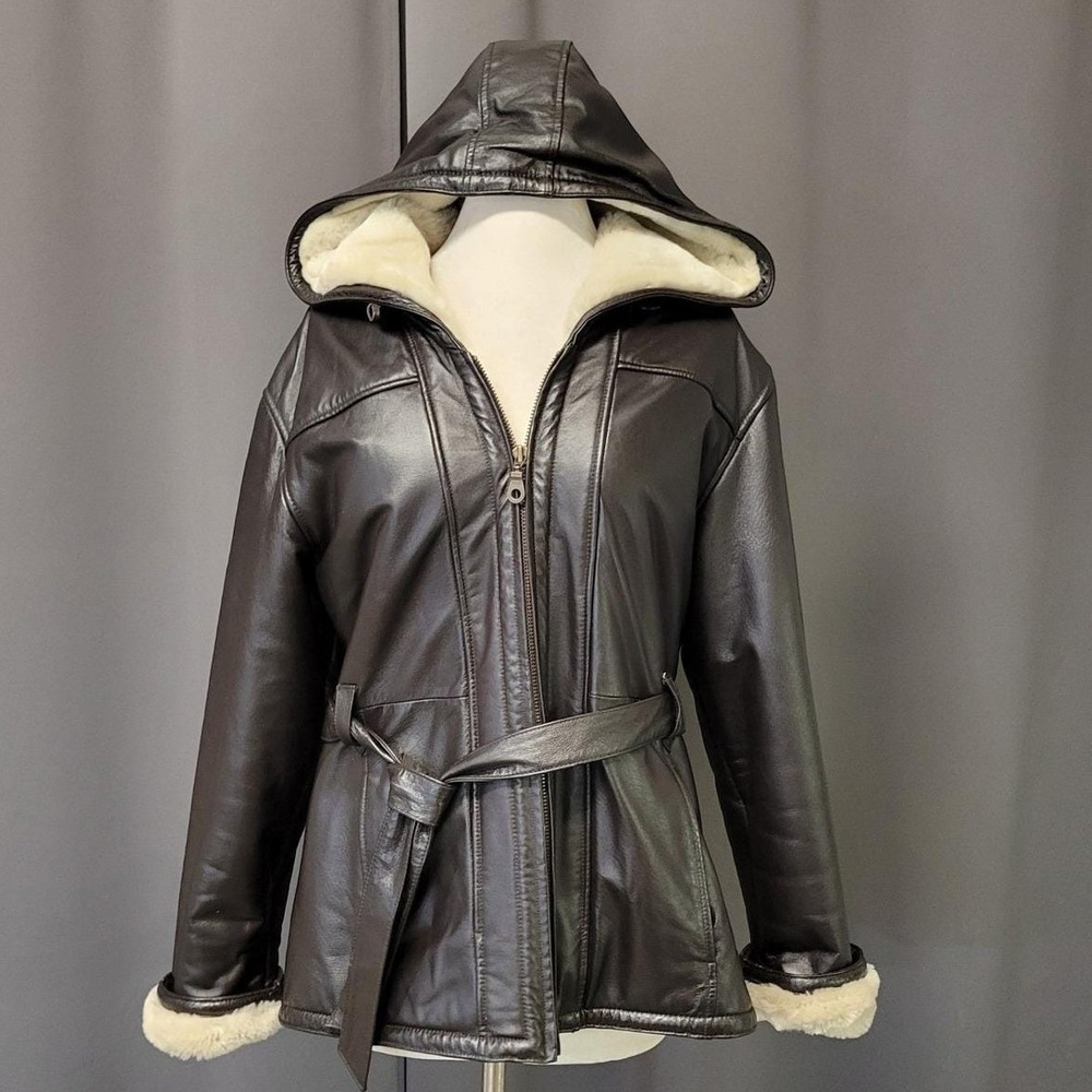 Vintage 90s‎ Wilsons Leather Hooded Brown Leather Faux Fur Lined Belted Parka Md